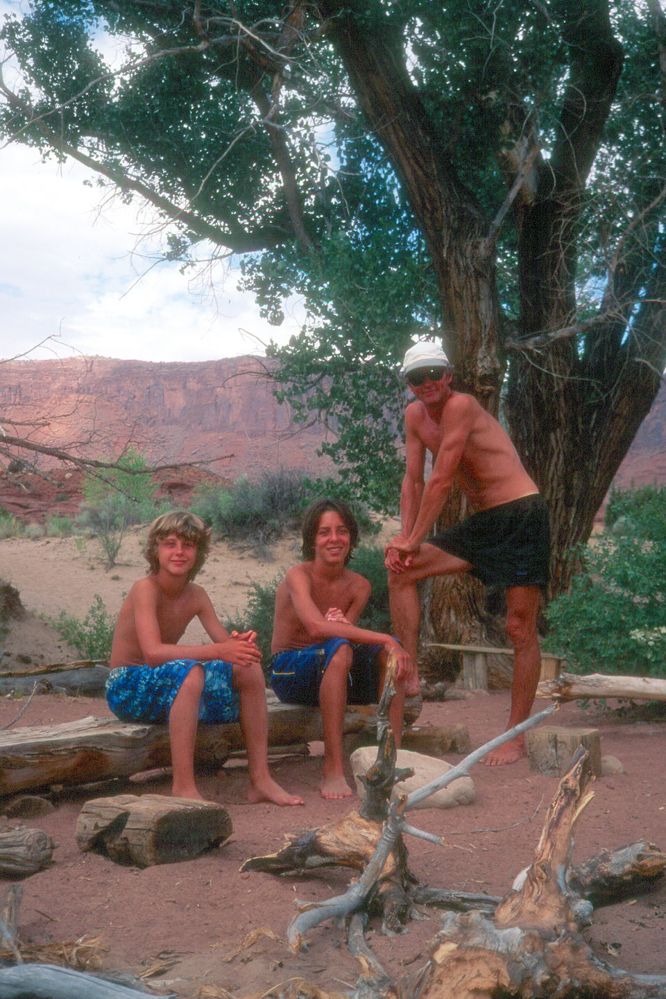 Herb and the boys at a river side campsite