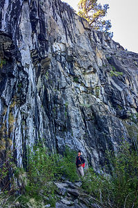 Herb contemplating Mayhem Cove climbing crag