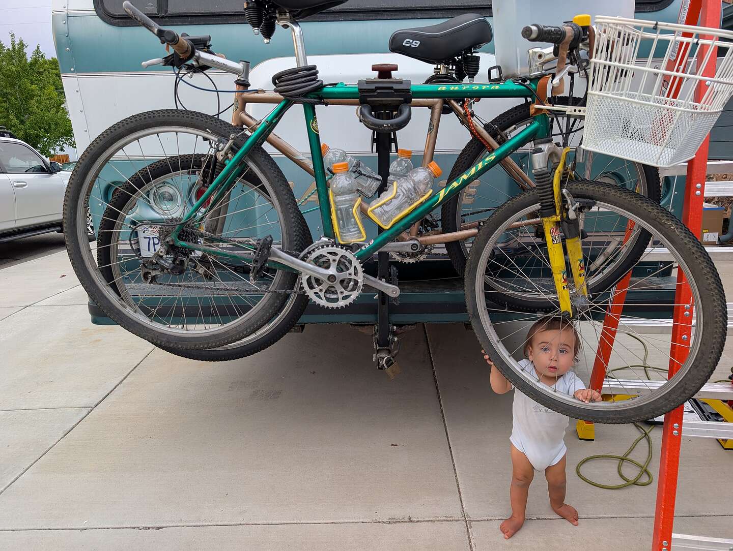 Our grandson helping with the bikes